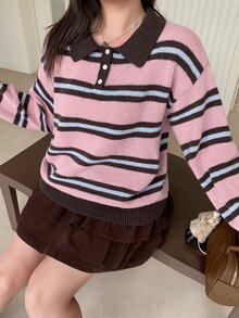 Dazy Plus Color Block Striped Loose Long Sleeve Polo Neck Pullover Knit Sweater Casual Girl Autumn/Winter - Pink - View 7