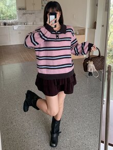 Dazy Plus Color Block Striped Loose Long Sleeve Polo Neck Pullover Knit Sweater Casual Girl Autumn/Winter - Pink - View 4