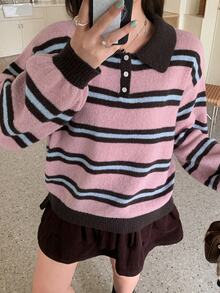 Dazy Plus Color Block Striped Loose Long Sleeve Polo Neck Pullover Knit Sweater Casual Girl Autumn/Winter - Pink - View 3