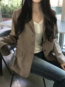 DAZY Women's Herringbone Wool Blend Loose Long Sleeve Casual Formal Korean Style Autumn/Winter Blazer - Brown - View 2