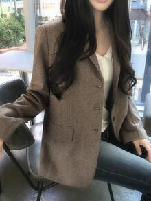 DAZY Women's Herringbone Wool Blend Loose Long Sleeve Casual Formal Korean Style Autumn/Winter Blazer - Brown - View 3
