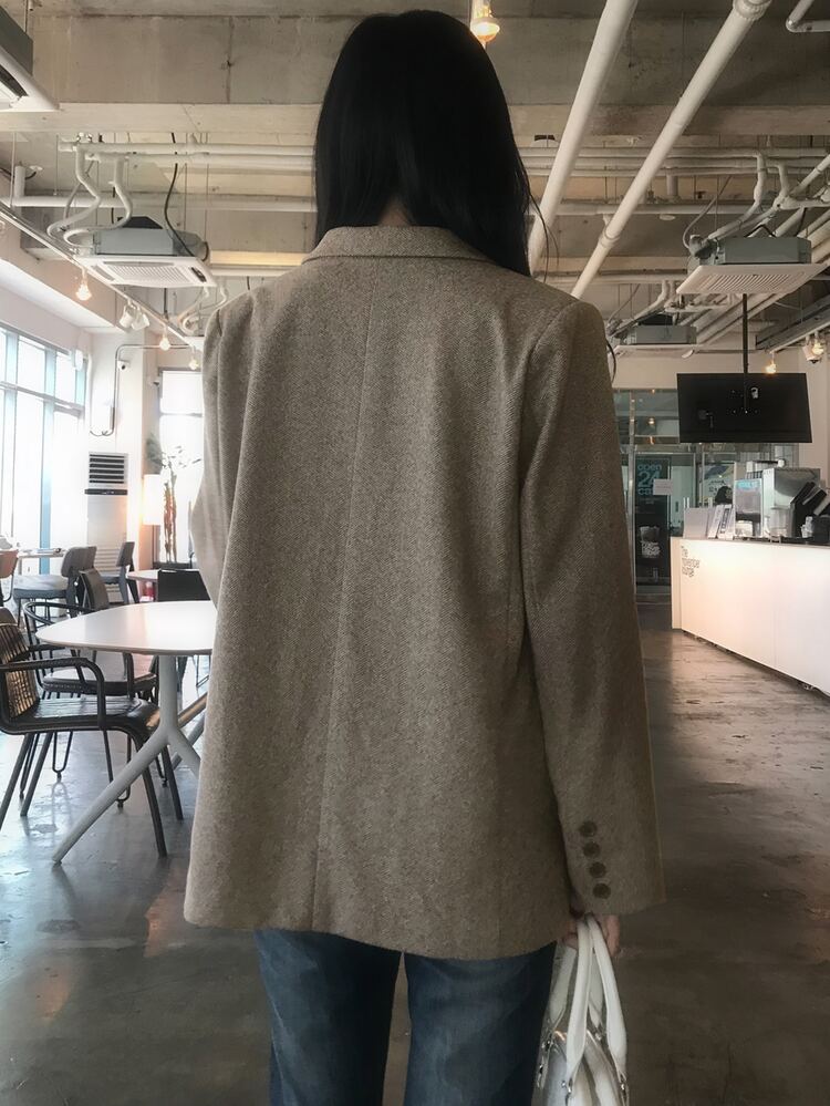 DAZY 女款人字紋羊毛混紡寬鬆長袖休閒正式韓風秋冬西裝外套 - 棕色 - 查看 7