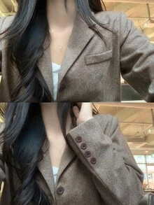 DAZY Women's Herringbone Wool Blend Loose Long Sleeve Casual Formal Korean Style Autumn/Winter Blazer - Brown - View 1