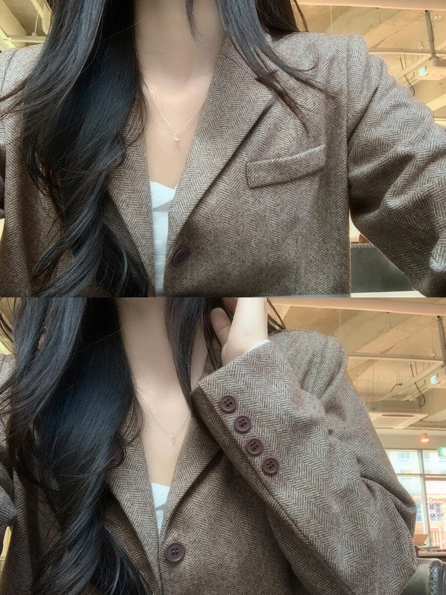 DAZY Women's Herringbone Wool Blend Loose Long Sleeve Casual Formal Korean Style Autumn/Winter Blazer - Brown - View 1