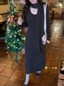 DAZY Women's Round Neck Solid Color Tie-Up Autumn/Winter Sweater Dress - Coffee Brown - View 6