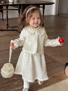 DAZY Baby Girl Peter Pan Collar Long Sleeve Cardigan And Skirt Fashion Set - White - View 3