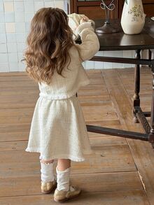DAZY Baby Girl Peter Pan Collar Long Sleeve Cardigan And Skirt Fashion Set - White - View 2