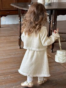 DAZY Baby Girl Peter Pan Collar Long Sleeve Cardigan And Skirt Fashion Set - White - View 5