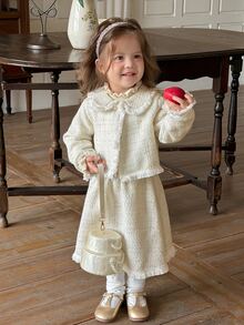 DAZY Baby Girl Peter Pan Collar Long Sleeve Cardigan And Skirt Fashion Set - White - View 4