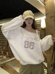 DAZY Women's Asymmetrical Shoulder Casual Printed Letter Streetwear Comfortable Long Sleeve Sweatshirt - White - View 4
