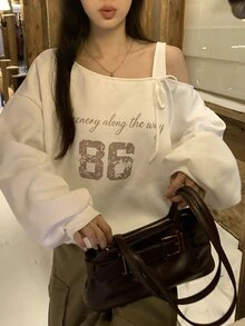 DAZY Women's Asymmetrical Shoulder Casual Printed Letter Streetwear Comfortable Long Sleeve Sweatshirt - White - View 2