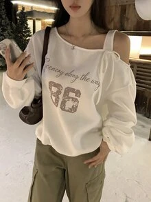 DAZY Women's Asymmetrical Shoulder Casual Printed Letter Streetwear Comfortable Long Sleeve Sweatshirt - White - View 5