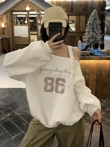 DAZY Women's Asymmetrical Shoulder Casual Printed Letter Streetwear Comfortable Long Sleeve Sweatshirt - White - View 7