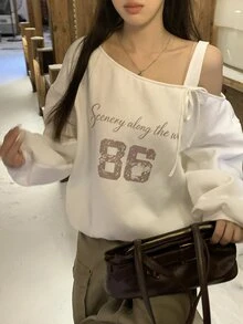 DAZY Women's Asymmetrical Shoulder Casual Printed Letter Streetwear Comfortable Long Sleeve Sweatshirt - White - View 3