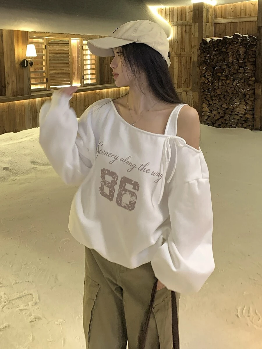 DAZY Women's Asymmetrical Shoulder Casual Printed Letter Streetwear Comfortable Long Sleeve Sweatshirt - White - View 1