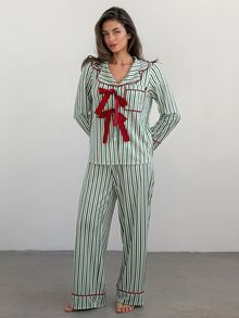 DAZY 女款條紋蝴蝶結裝飾長袖上衣與長褲睡衣套裝 秋季 - 綠色 - 查看 3