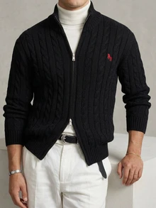 DAZY Autumn/Winter Black Half-Zip Cable Knit Embroidered Chest Pattern Korean Style Men's Sweater - Black - View 4