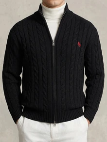 DAZY Autumn/Winter Black Half-Zip Cable Knit Embroidered Chest Pattern Korean Style Men's Sweater - Black - View 1