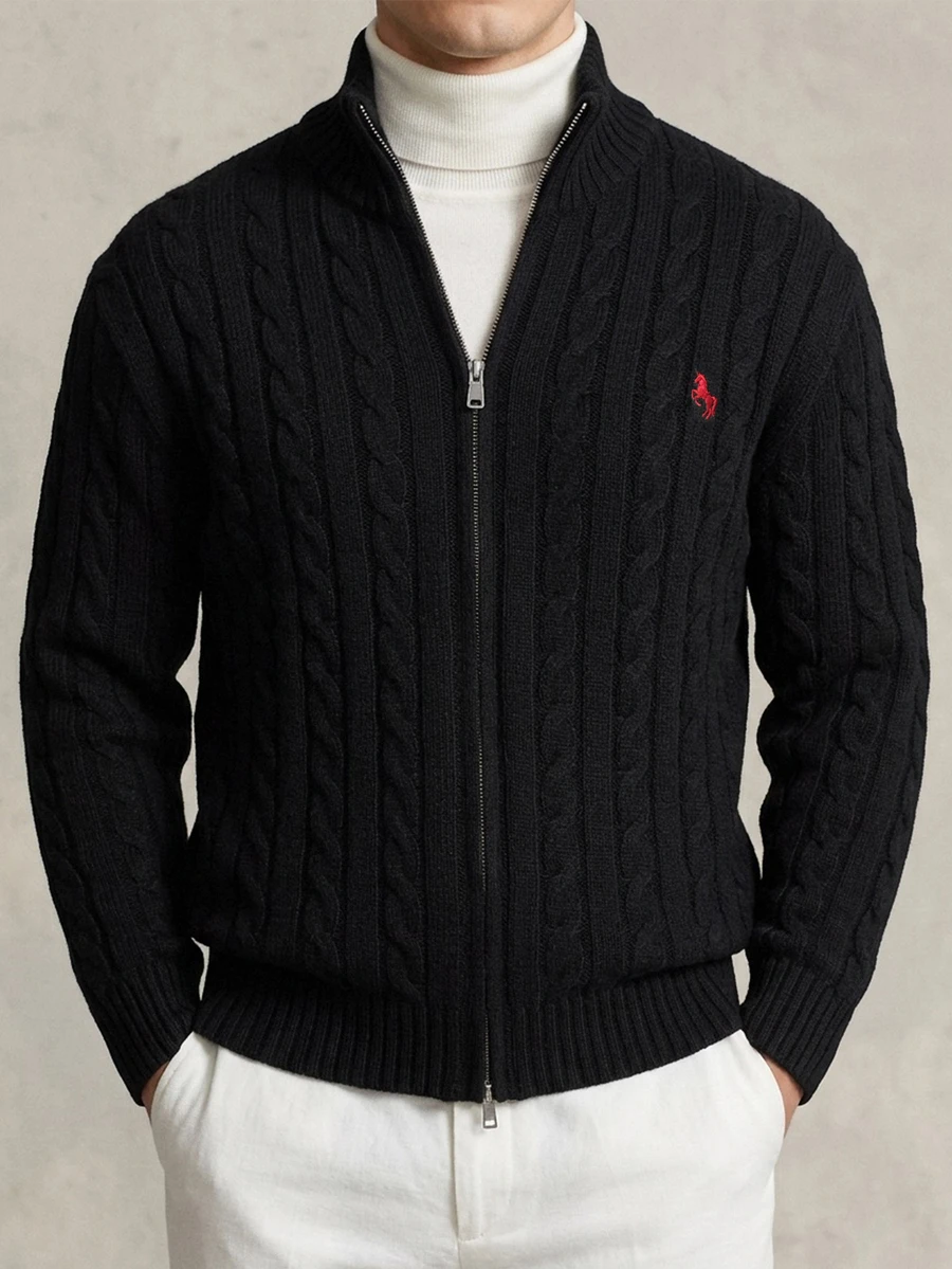 DAZY Autumn/Winter Black Half-Zip Cable Knit Embroidered Chest Pattern Korean Style Men's Sweater - Black - View 1