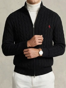 DAZY Autumn/Winter Black Half-Zip Cable Knit Embroidered Chest Pattern Korean Style Men's Sweater - Black - View 6