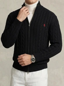 DAZY Autumn/Winter Black Half-Zip Cable Knit Embroidered Chest Pattern Korean Style Men's Sweater - Black - View 3