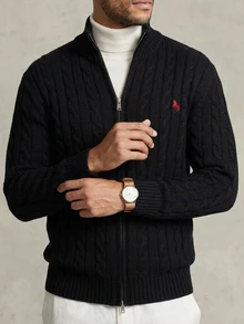 DAZY Autumn/Winter Black Half-Zip Cable Knit Embroidered Chest Pattern Korean Style Men's Sweater - Black - View 8