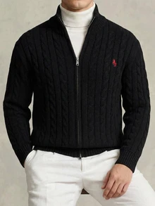 DAZY Autumn/Winter Black Half-Zip Cable Knit Embroidered Chest Pattern Korean Style Men's Sweater - Black - View 7