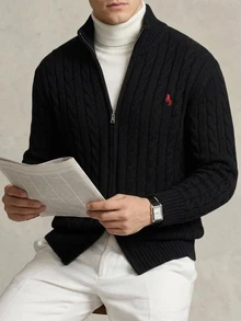 DAZY Autumn/Winter Black Half-Zip Cable Knit Embroidered Chest Pattern Korean Style Men's Sweater - Black - View 5