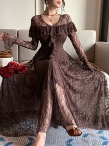 DAZY Women's V-Neck Bell Sleeve Patchwork Ruffle Elegant Lace Dress Fall - Coffee Brown - View 6