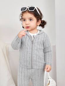 SHEIN 2pcs/Set Casual Outdoor Matching Mother And Baby Girl Autumn Winter Hoodie Outfit - Grey - View 3