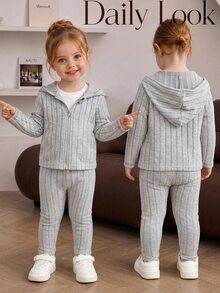 SHEIN 2pcs/Set Casual Outdoor Matching Mother And Baby Girl Autumn Winter Hoodie Outfit - Grey - View 4