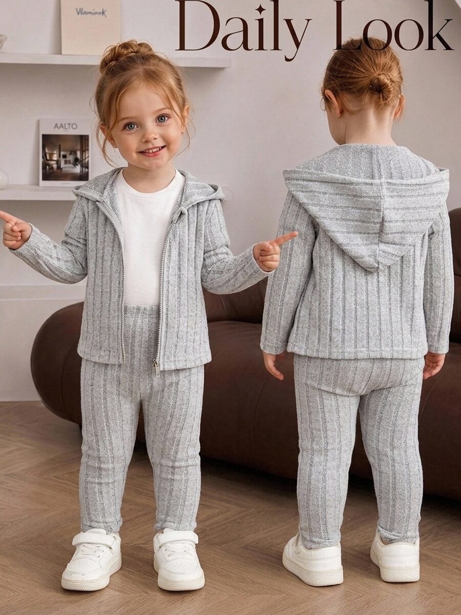 SHEIN 2pcs/Set Casual Outdoor Matching Mother And Baby Girl Autumn Winter Hoodie Outfit - Grey - View 1