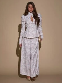 SHEIN BAE سترة نسائية بأكمام طويلة مزينة بطبعة زهور وتصميم مفرغ من الدانتيل - لون مشمشي - مشاهدة 3