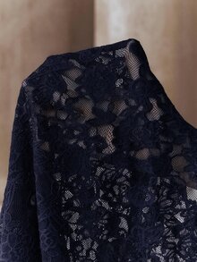 Anewsta 夏季新款時尚鉤編鏤空蕾絲小立領短袖修身優雅百搭女上衣，夏季、優雅、夏季上衣、休閒、度假 - 藏蓝色 - 查看 8
