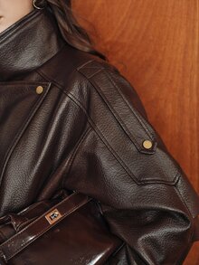 Anewsta Women's Autumn/Winter Modern Chic Premium Street Style Padded Lychee Textured Leather Large Lapel Asymmetric Zipper Motorcycle Jacket - Coffee Brown - View 9