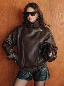 Anewsta Women's Autumn/Winter Modern Chic Premium Street Style Padded Lychee Textured Leather Large Lapel Asymmetric Zipper Motorcycle Jacket - Coffee Brown - View 3