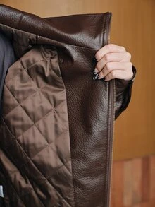 Anewsta Women's Autumn/Winter Modern Chic Premium Street Style Padded Lychee Textured Leather Large Lapel Asymmetric Zipper Motorcycle Jacket - Coffee Brown - View 8