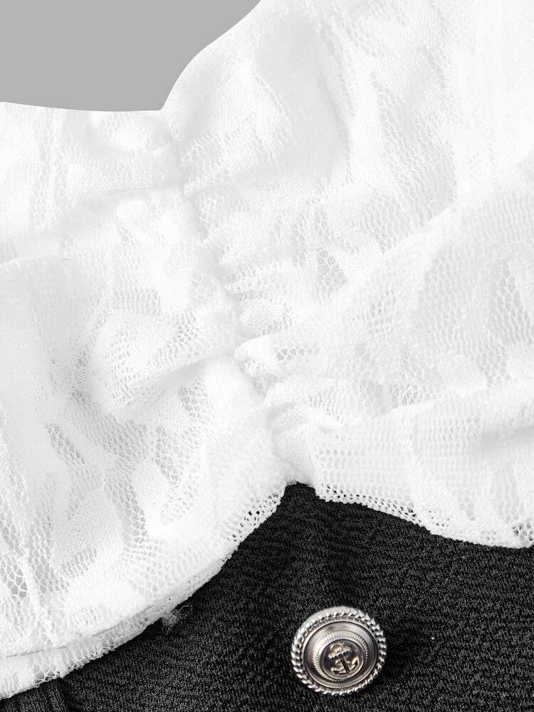 SHEIN MOD Elegant Two-Tone Mini Dress For Women Sweetheart Neck Corset Style Bodice And White Lace Flare Skirt.,Pin Up Style Dress,Role-Play / Halloween Dress - Black and White - View 5