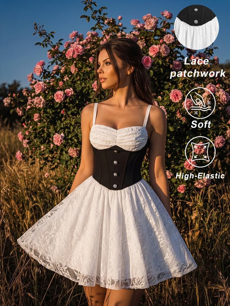 SHEIN MOD Elegant Two-Tone Mini Dress For Women Sweetheart Neck Corset Style Bodice And White Lace Flare Skirt.,Pin Up Style Dress,Role-Play / Halloween Dress - Black and White - View 1