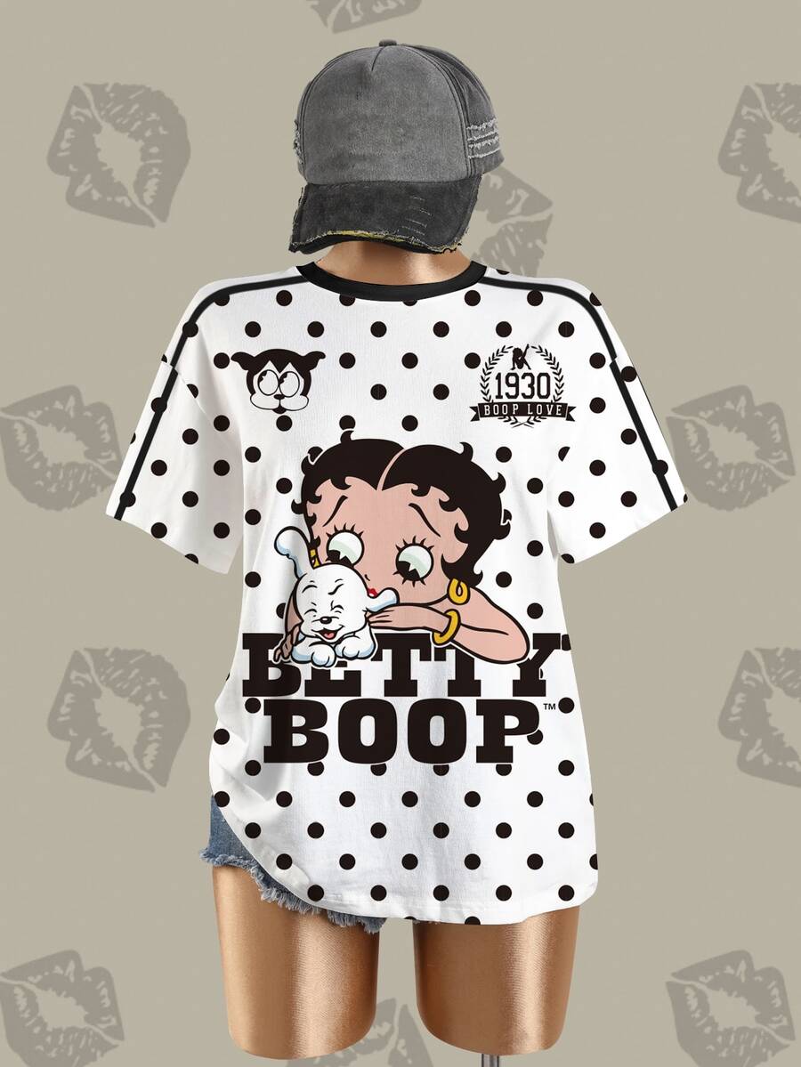 Betty Boop x SHEIN تي شيرت نسائي بطبعة كرتونية ونقاط بولكا برقبة دائرية وأكمام قصيرة - أبيض - مشاهدة 1