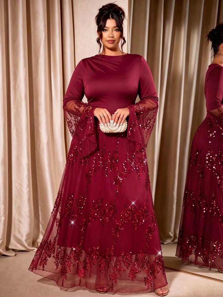 Cravure Women Plus Size Elegant Pleated Sequin Elastic Long Dress, Suitable For Banquet, Party Wear Fall - Burgundy - View 1