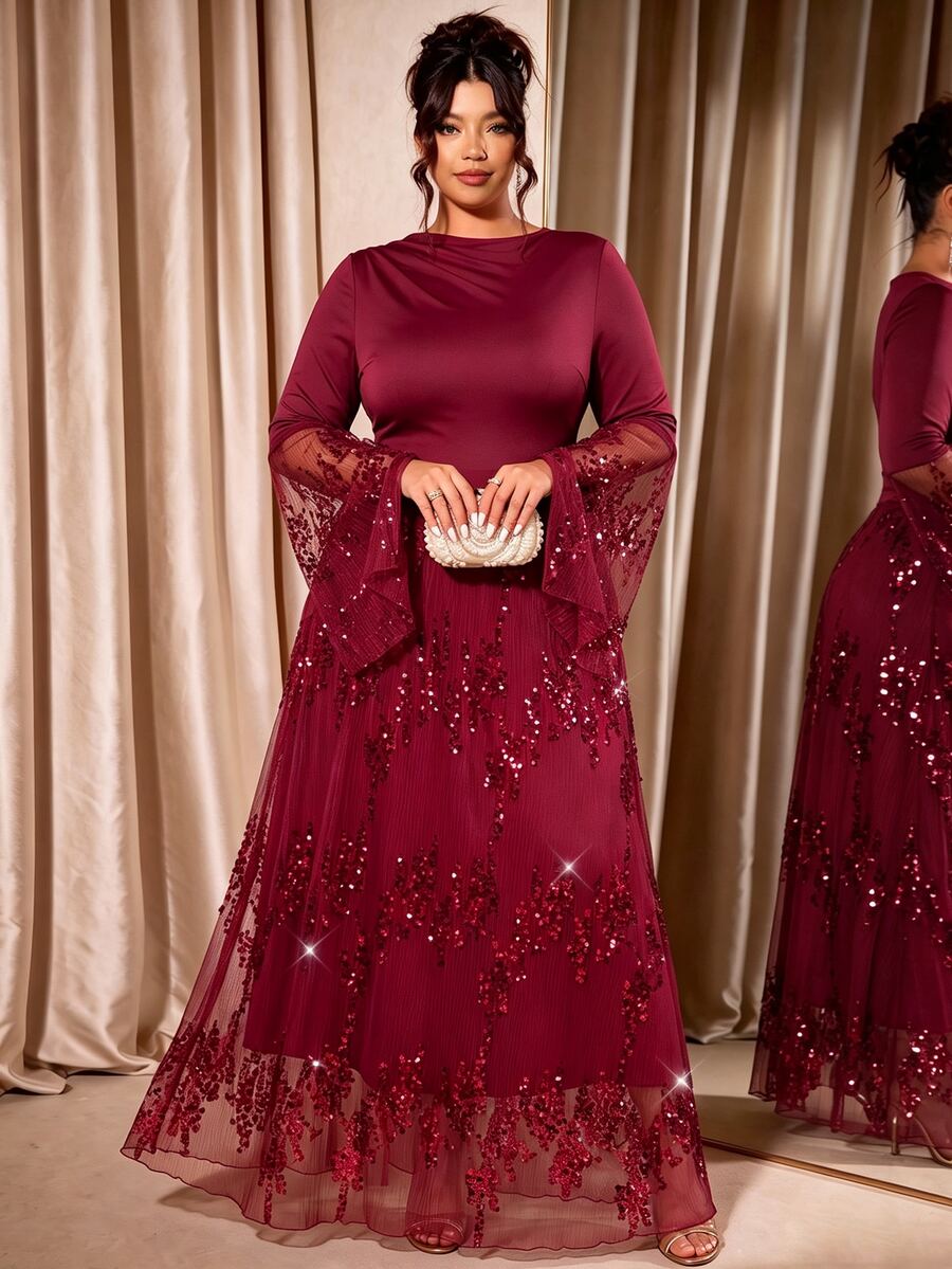 Cravure Women Plus Size Elegant Casual Pleated Sequin Elastic Long Dress, Suitable For Banquet Formal Cocktail, Party Wedding Wear Fall New Year Burgundy - Burgundy - View 1
