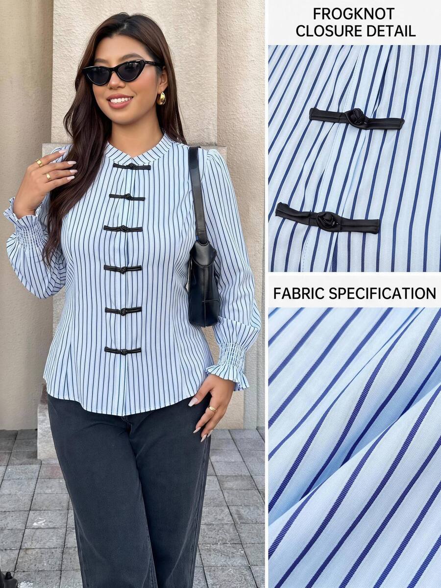 Easura Plus Size Women's Striped Button-Down Long Sleeve Casual Shirt Fall - Multicolor - View 1