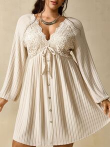 Nubod Plus Size Women V-Neck Pleated Casual Boho Elegant Daily Fall Dress Vacation Grey Brunch Formal - Apricot - View 7