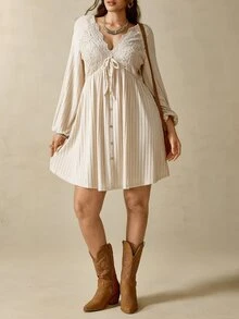 Nubod Plus Size Women V-Neck Pleated Casual Boho Elegant Daily Fall Dress Vacation Grey Brunch Formal - Apricot - View 6