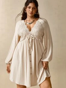 Nubod Plus Size Women V-Neck Pleated Casual Boho Elegant Daily Fall Dress Vacation Grey Brunch Formal - Apricot - View 3