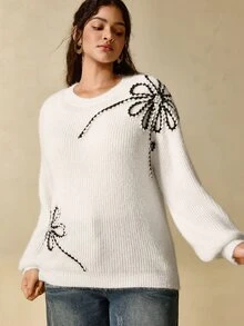 Nubod Plus Size White Knitted Embroidered Beaded Design Soft Round Neck Pullover Long Sleeve Sweater Elegant Matching Casual Family Fall Evening - White - View 5