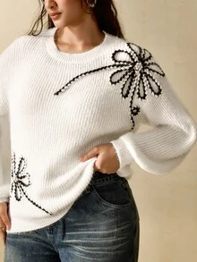 Nubod Plus Size White Knitted Embroidered Beaded Design Soft Round Neck Pullover Long Sleeve Sweater Elegant Matching Casual Family Fall Evening - White - View 2