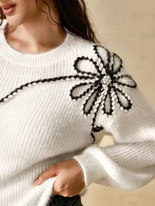 Nubod Plus Size White Knitted Embroidered Beaded Design Soft Round Neck Pullover Long Sleeve Sweater Elegant Matching Casual Family Fall Evening - White - View 4
