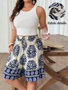 Weeklong Women's New Plus Size Loose Straight Leg Casual Vacation Shorts With Positioned Print - Multicolor - View 1
